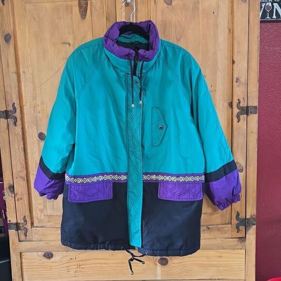 CLIMATE ZONE Ski Jacket - Snow Jacket - Vintage 80s Puffer TEAL PURPLE BLACK - Picture 1 of 8